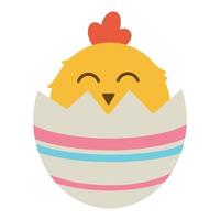 A cute chicken in a painted eggshell. Easter cartoon chicken. Vector illustration of a chicken in an eggshell.