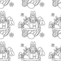 Easter pattern with a cat with rabbit ears, flowers, snowdrops, in a basket with eggs. vector