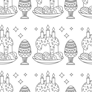 Easter pattern with an egg on a stand with an ornament, a plate with an Easter cupcake and candles. vector