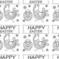 Easter pattern with eggs, bow, text, chicken, flowers. vector