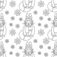 Easter pattern with a cat with rabbit ears, flowers. vector