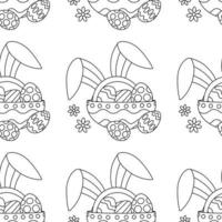 Easter pattern with a plate with eggs and rabbit ears, and flowers. vector