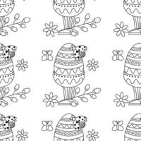 Easter pattern with an egg on a stand with an ornament, a blooming willow branch and a ladybug. vector