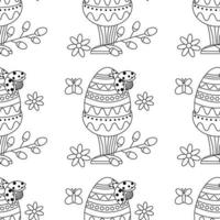 Easter pattern with an egg on a stand with an ornament, a blooming willow branch and a ladybug. vector