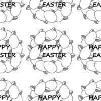 Easter pattern with text Happy Easter, wreath of colored eggs and leaves. vector