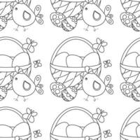 Easter pattern with eggs in basket, butterflies, chicken. vector