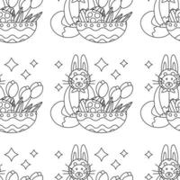 Easter pattern with a plate with eggs and a cat with rabbit ears, and flowers tulips. vector