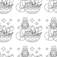 Easter pattern with a plate with eggs and a cat with rabbit ears, and flowers tulips. vector