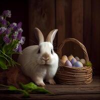 Fluffy Easter bunny with a basket of festive Easter eggs - AI generated image photo