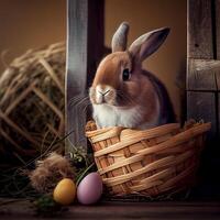 Fluffy Easter bunny with a basket of festive Easter eggs - image photo