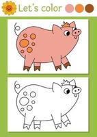 On the farm coloring page for children with pig. Vector rural country outline illustration with cute farm animal. Color book for kids with colored example. Drawing skills printable worksheet