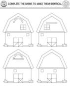 Black and white find differences, logical and drawing game for kids. On the farm educational activity with barn house. Complete picture printable worksheet. Rural country puzzle or coloring page vector