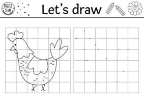 Draw the hen. Complete the picture. Vector on the farm drawing practice worksheet. Printable black and white activity for preschool kids with chicken. Copy the farm bird picture coloring page