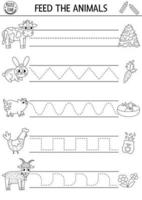 Vector on the farm handwriting practice worksheet. Rural country printable black and white activity for preschool children. Tracing game for writing skills. Feed the farm animals coloring page