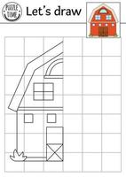 Complete the barn picture. Vector on the farm symmetrical drawing practice worksheet. Printable black and white activity for preschool kids. Copy the picture rural country game with shed