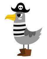 Vector pirate seagull icon. Cute sea bird illustration. Treasure island hunter in stripy shirt and black cocked hat. Funny pirate party element for kids. Sea gull picture