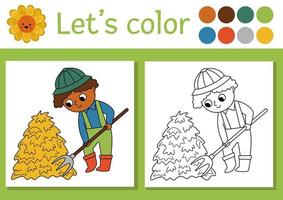 On the farm coloring page for children with farmer and hay. Vector rural country outline illustration with cute farm worker. Color book for kids with colored example. Drawing printable worksheet