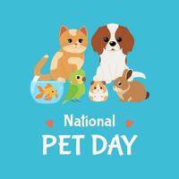 National Pet Day. Holiday design with cute animals for social media post, banner, poster, card. Vector flat illustration isolated on blue background