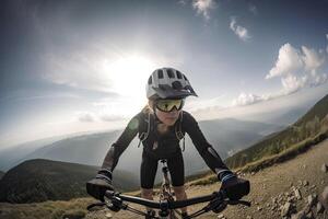 profesional ciclista en protector casco trenes en montaña la carretera. hembra atleta trenes en un bicicleta. creado con generativo ai foto