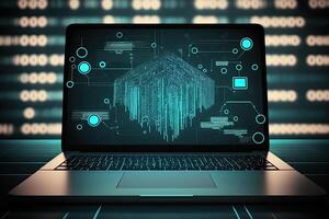 Digital data and network connection on laptop screen. Big data analysis. Network information and data protection concept. Created with photo