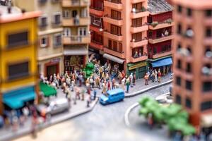 ciudad vida con vivo edificio fachadas y personas caminando a calle, aéreo vista. urbano infraestructura. modelo de ciudad calle en miniatura, inclinación cambio. creado con generativo ai foto