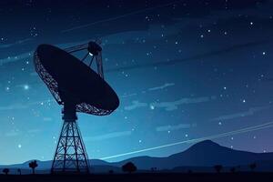 Radio telescope at starry night. Antenna for of space signals research. Space observatory. Created with photo