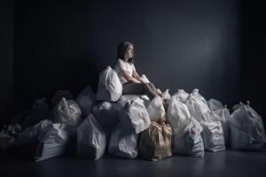 Woman sits on top of pile of garbage bags. Concept of overconsumption and pollution of environment by human waste. Created with Generative AI photo