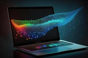 Digital data and network connection on laptop screen. Big data analysis. Network information and data protection concept. Created with photo