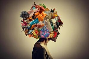 Woman with head made of of different goods. Concept of shopaholism and overconsumption. Female consumer thinking about future purchasing. Created with photo