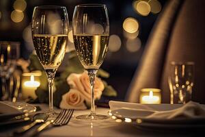 Restaurant interior with two glasses of champagne on the table. Romantic dating in luxury restaurant. Decorations for event. Created with photo