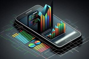 Big data analytics report. Infographic with graph and chart on abstract background. Distribution of data by business categories. Created with photo