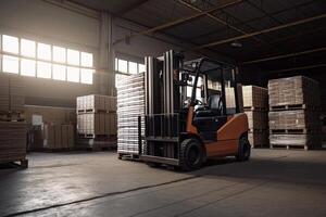 Forklift for loading pallets with packages in warehouse interior. Commercial distribution warehouse with shelves and boxes. Created with photo