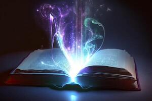 Open magical book with glowing lights over pages on abstract background. Fantasy reading. Created with photo