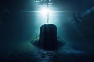 Military submarine in the sea. Floating vessel under water. Created with photo