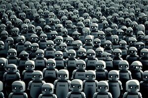 Robot crowd in rows. Robot army. Created with photo