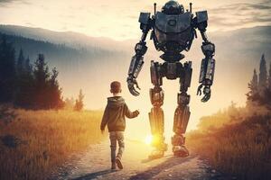 Giant robot and child walking together at sunset. Best friends. Friendship between artificial intelligence and people. Created with photo