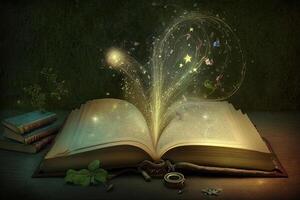 Open magical book with glowing lights over pages on abstract background. Fantasy reading. Created with photo