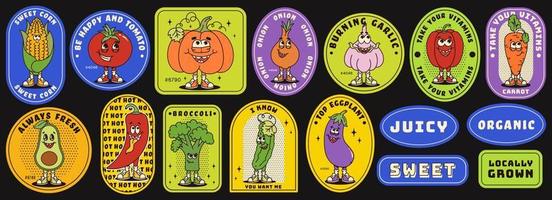 Funny vegetables retro cartoon characters sticker set. Modern label with cute comics characters. Hand drawn doodles of comic mascot. Set in modern cartoon style. 70s retro vibes. vector