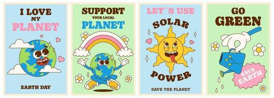 Save the planet poster set in trendy groovy style. Earth Day. Solar Power. Go green. I love my planet. Funny vector earth character and mascot. Eco friendly conception. Vector illustration.