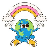 Retro planet cartoon character. Earth mascot. Trendy groovy 70s style illustration. Vector funny illustration.