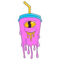 Psychedelic retro cartoon soda character. Modern sticker with soda, drink. Funny faces and vibrant colors. Flowing texture. Crazy vector illustration.