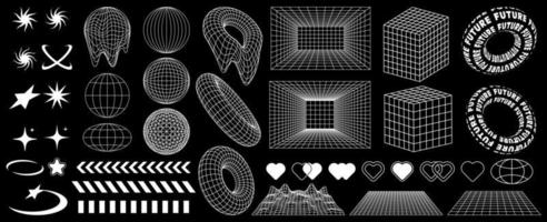 Rave psychedelic retro futuristic set in trendy y2k style. Surreal geometric shapes, and patterns, wireframe, cyberpunk elements and perspective grids, frame donuts, donuts with text. vector