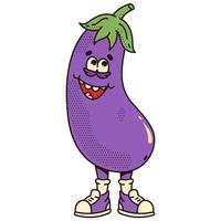 Character eggplant vegetable. Modern illustration with cute comics character. 70s retro vibes. vector