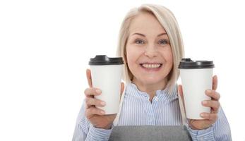 Part-time job coffee break relax leisure pause concept. Friendly pleasant woman barista giving two big latte isolated on gray background copy-space photo