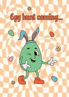 Vertical poster with groovy cartoon character easter egg and quote Egg hunt coming on orange cells background. Flat vector illustration for print, poster, card