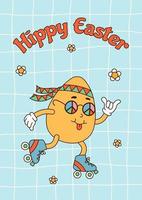 Vertical poster with groovy cartoon character easter egg and quote Hippie easter on blue square background. Flat vector illustration for print, poster, card