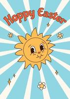 Vertical poster with groovy cartoon character sun and quote Hoppy Easter on blue striped background. Flat vector illustration for print, poster, card