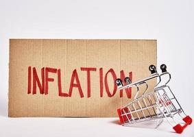 concepto de inflación de los consumidores, carrito de la compra e inflación de palabras foto