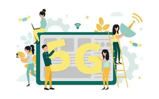 Vector illustration of 5G internet. Near the tablet, people hold the number 5, letter G, smartphone, laptop, antenna, on the background of the network icon, envelope, gear, plants, clouds.