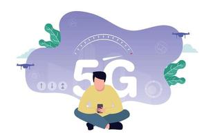 Vector illustration of 5G internet. A man with a smartphone in his hands sits near a 5G sign, above which a speedometer, against the background of a quadcopter, clouds, plants.